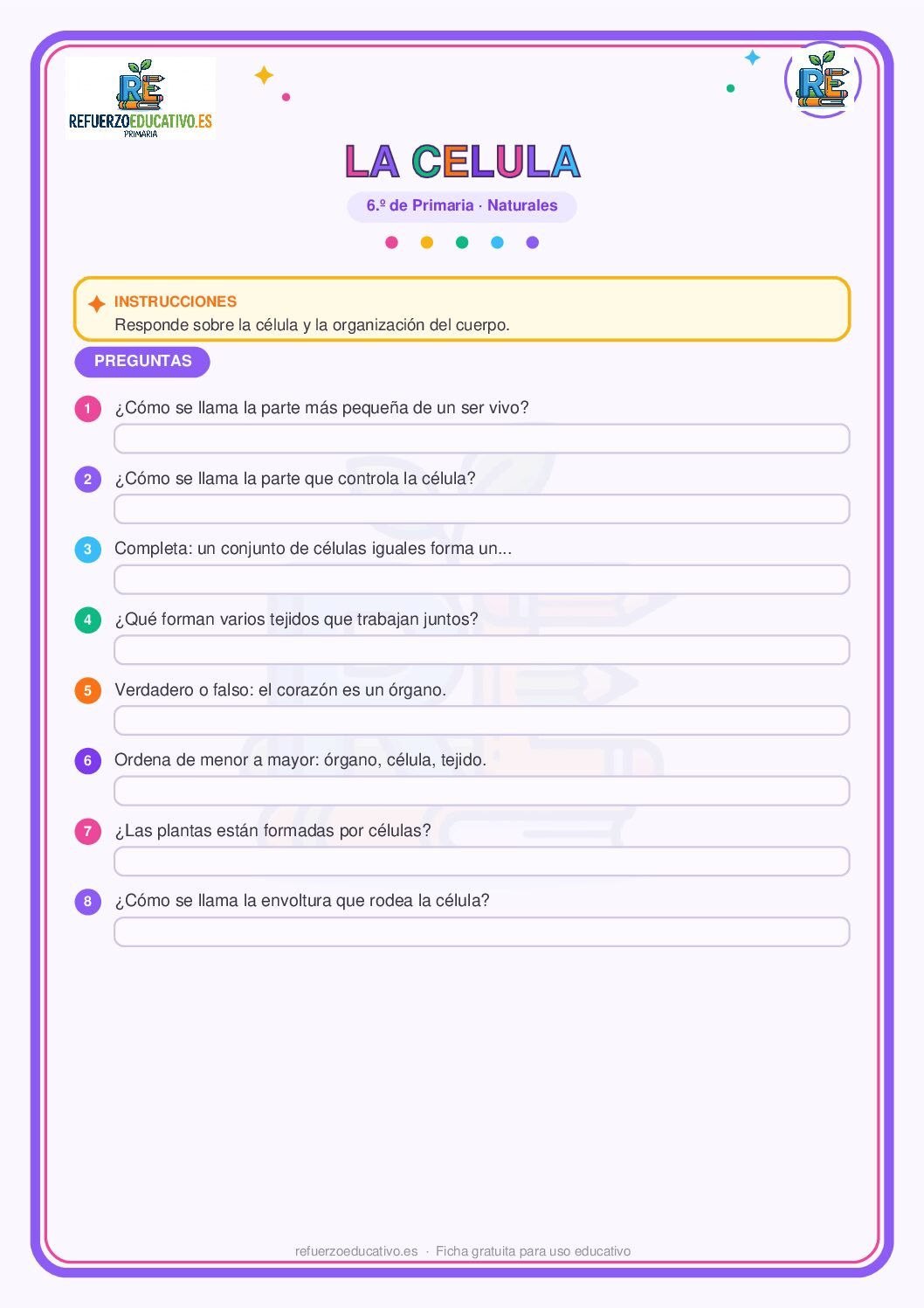 La célula y los niveles de organización para 6º de Primaria (PDF) Ficha imprimible: La célula y los niveles de organización para 6º de Primaria
