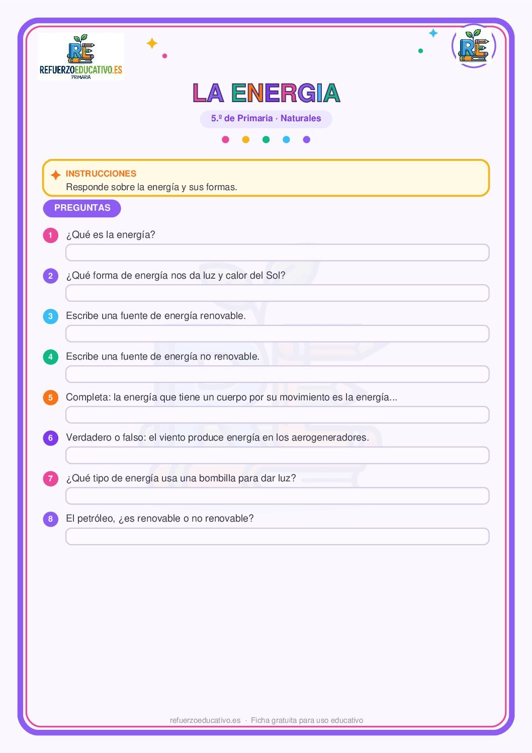 La energía y sus formas para 5º de Primaria (PDF) Ficha imprimible: La energía y sus formas para 5º de Primaria