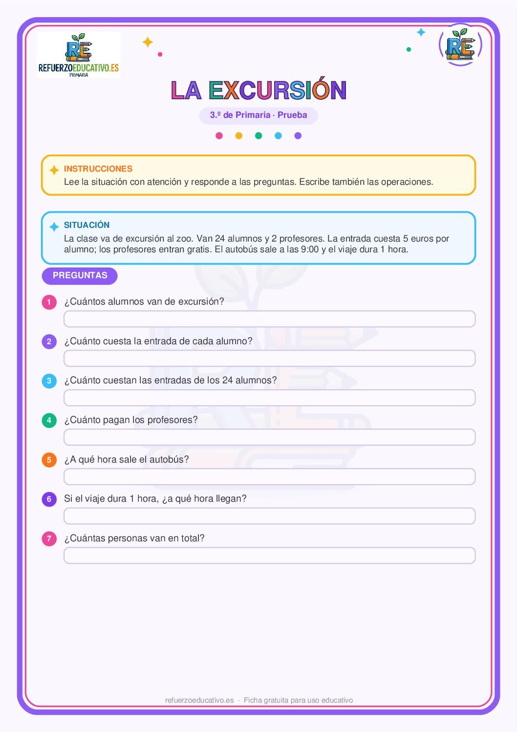 Prueba competencial: La excursión para 3º de Primaria (PDF) Ficha imprimible: Prueba competencial: La excursión para 3º de Primaria