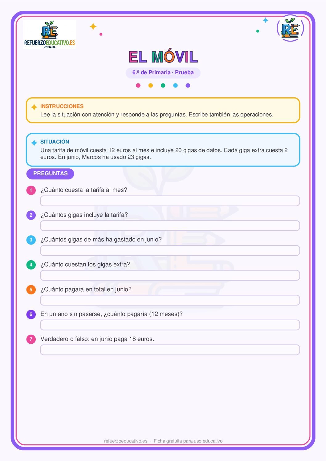 Prueba competencial: El móvil para 6º de Primaria (PDF) Ficha imprimible: Prueba competencial: El móvil para 6º de Primaria