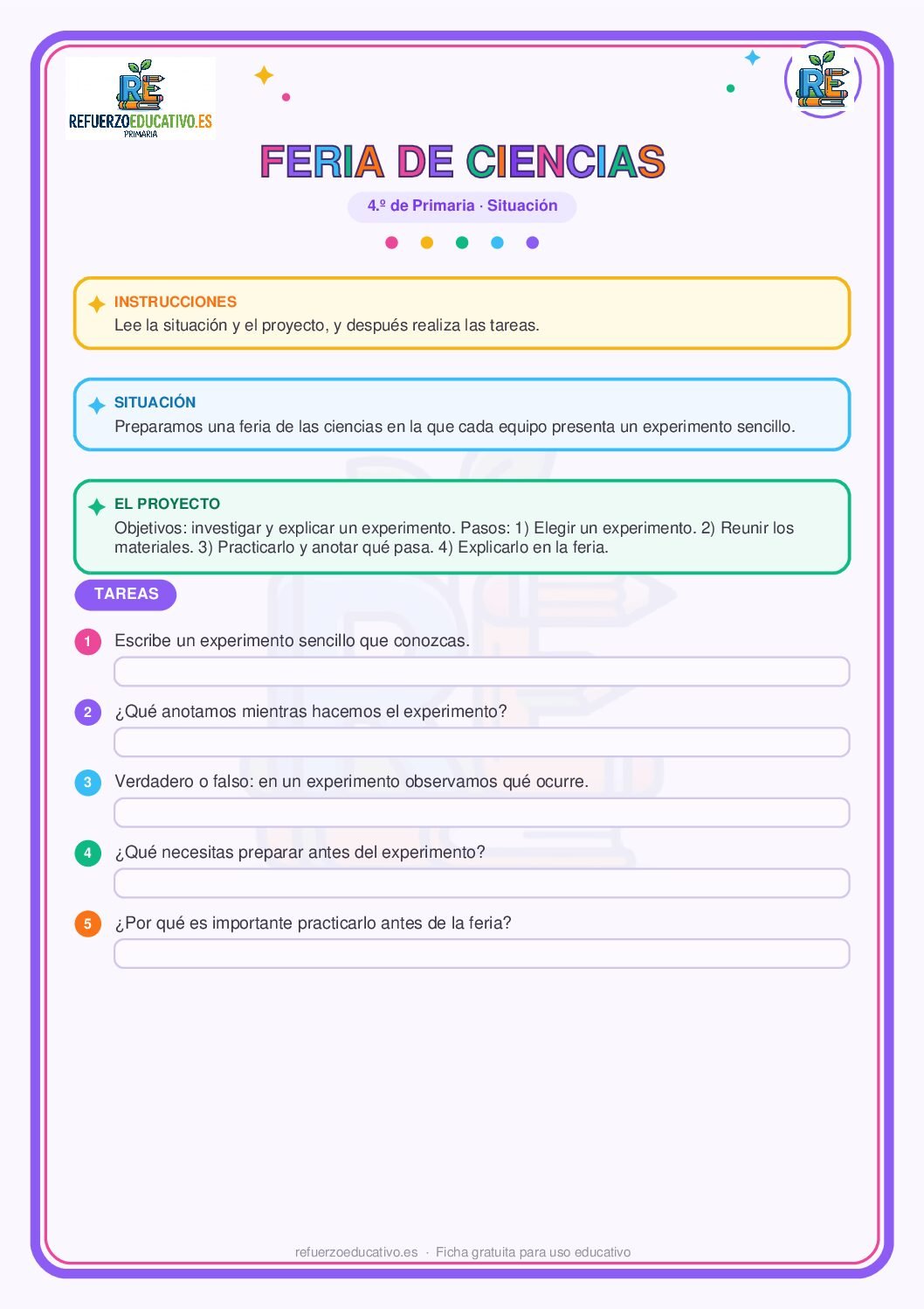 Situación de aprendizaje: Feria de ciencias para 4º de Primaria (PDF) Ficha imprimible: Situación de aprendizaje: Feria de ciencias para 4º de Primaria