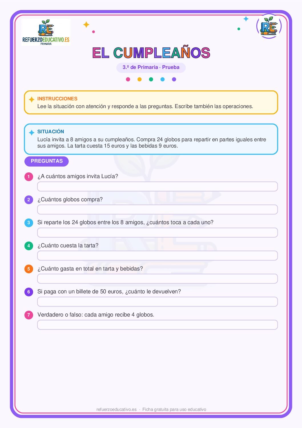 Prueba competencial: El cumpleaños para 3º de Primaria (PDF) Ficha imprimible: Prueba competencial: El cumpleaños para 3º de Primaria