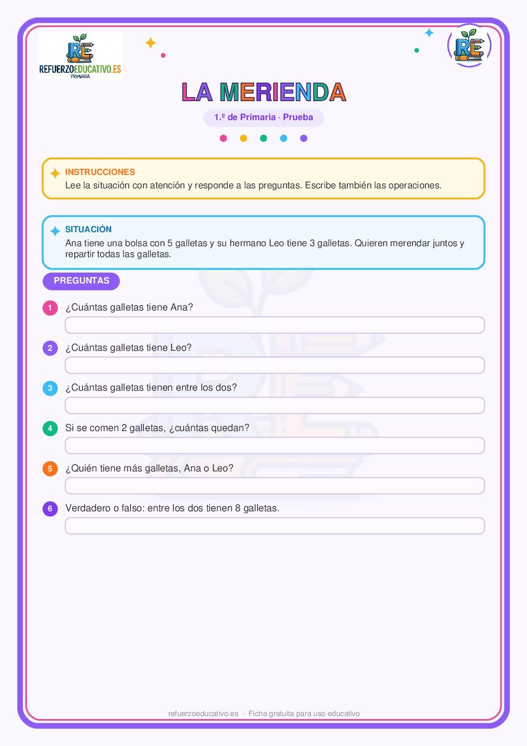 Prueba competencial: La merienda para 1º de Primaria (PDF) Ficha imprimible: Prueba competencial: La merienda para 1º de Primaria