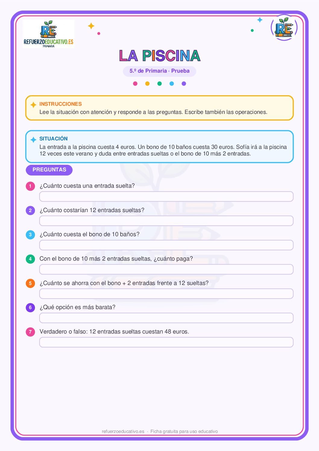 Prueba competencial: La piscina para 5º de Primaria (PDF) Ficha imprimible: Prueba competencial: La piscina para 5º de Primaria