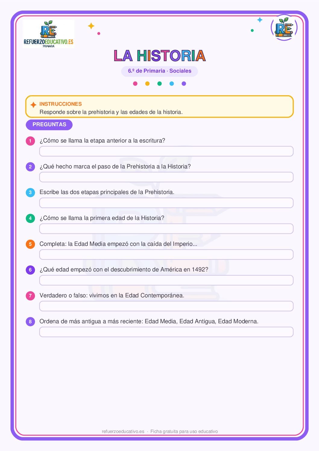 La prehistoria y las edades de la historia para 6º de Primaria (PDF) Ficha imprimible: La prehistoria y las edades de la historia para 6º de Primaria