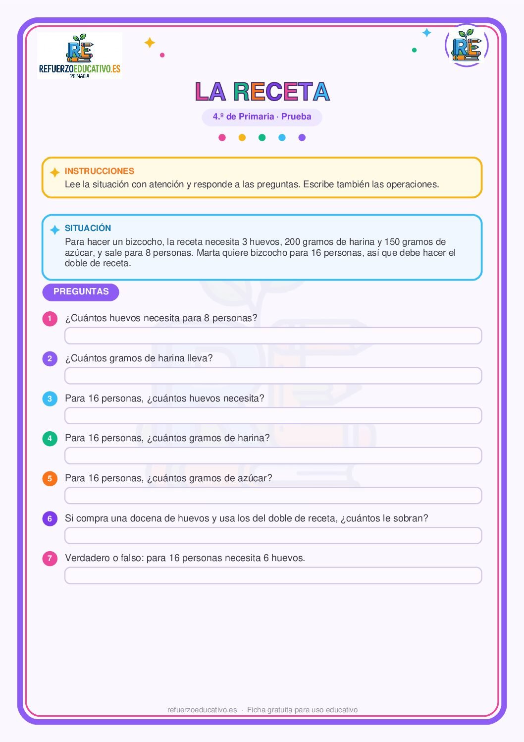 Prueba competencial: La receta para 4º de Primaria (PDF) Ficha imprimible: Prueba competencial: La receta para 4º de Primaria