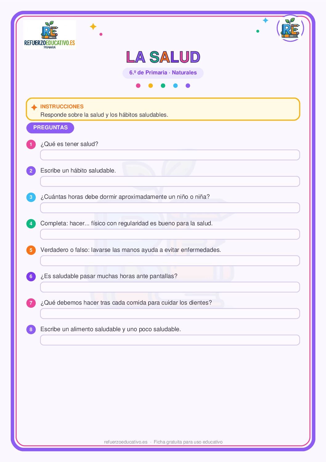 La salud y los hábitos saludables para 6º de Primaria (PDF) Ficha imprimible: La salud y los hábitos saludables para 6º de Primaria