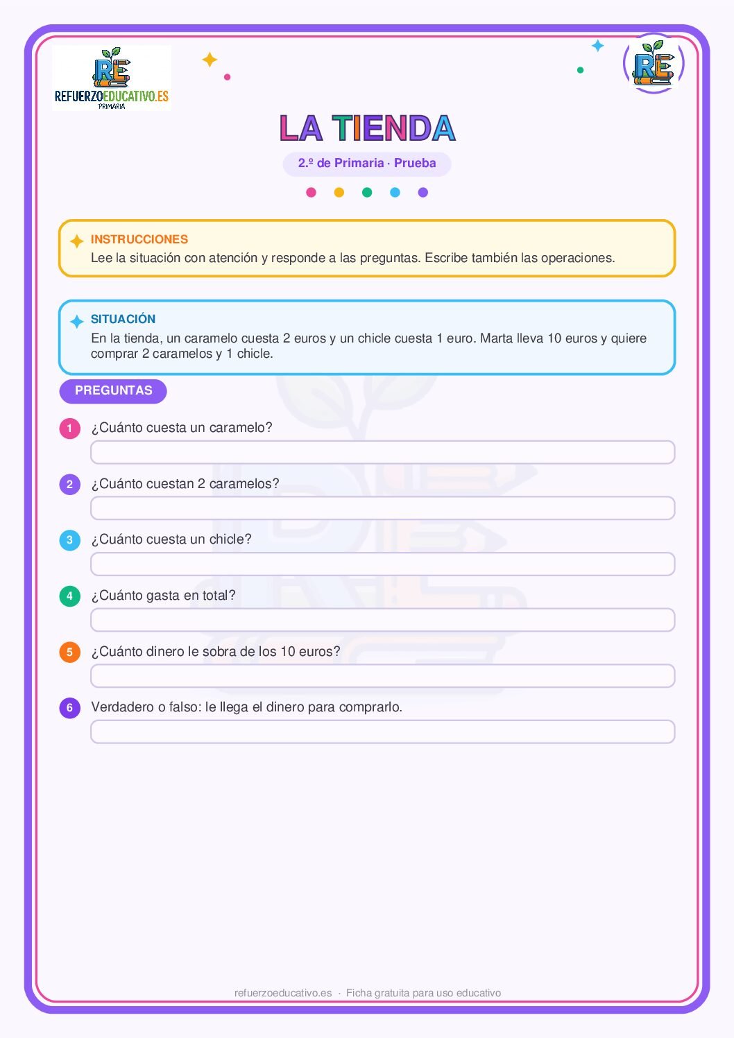 Prueba competencial: La tienda para 2º de Primaria (PDF) Ficha imprimible: Prueba competencial: La tienda para 2º de Primaria