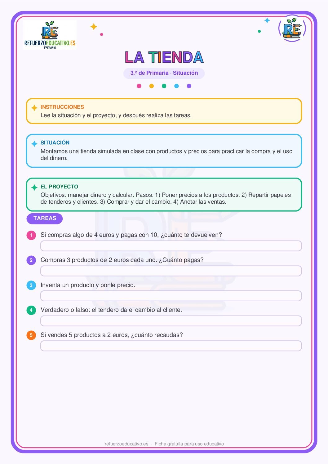 Situación de aprendizaje: La tienda para 3º de Primaria (PDF) Ficha imprimible: Situación de aprendizaje: La tienda para 3º de Primaria