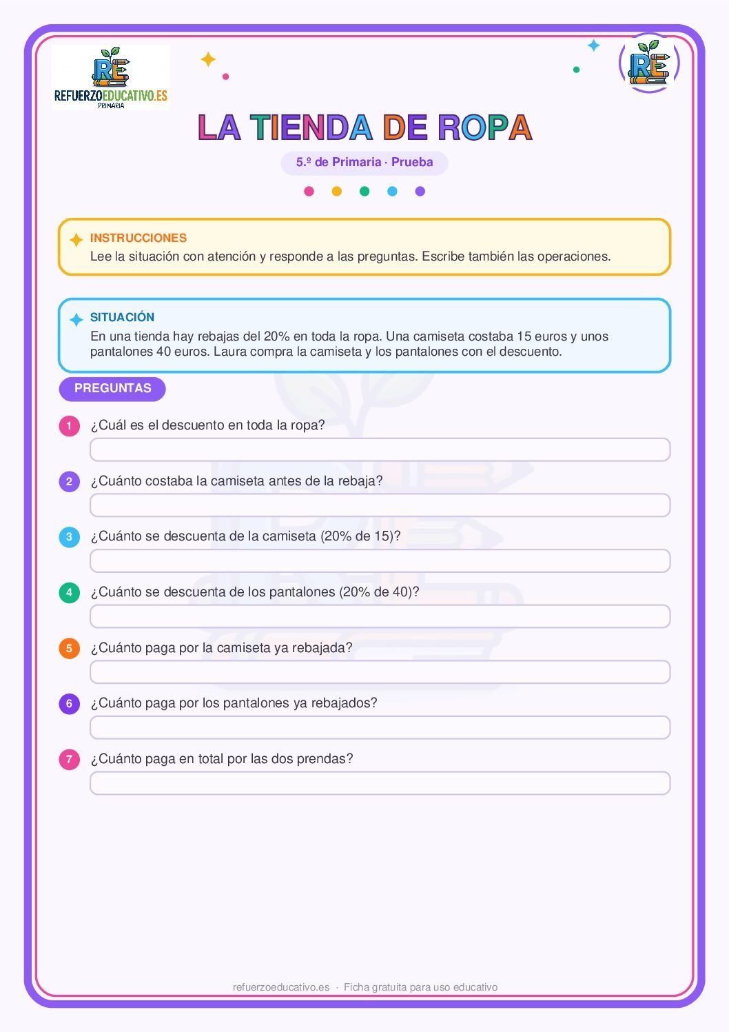 Prueba competencial: La tienda de ropa para 5º de Primaria (PDF) Ficha imprimible: Prueba competencial: La tienda de ropa para 5º de Primaria