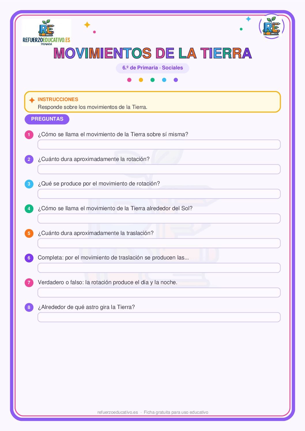 La Tierra y sus movimientos para 6º de Primaria (PDF) Ficha imprimible: La Tierra y sus movimientos para 6º de Primaria