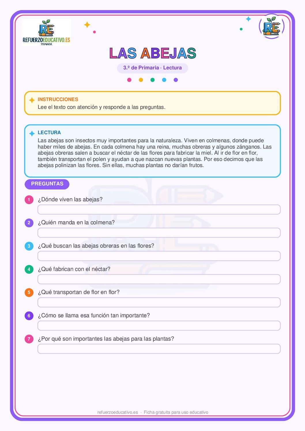 Lectura comprensiva: Las abejas para 3º de Primaria (PDF) Ficha imprimible: Lectura comprensiva: Las abejas para 3º de Primaria