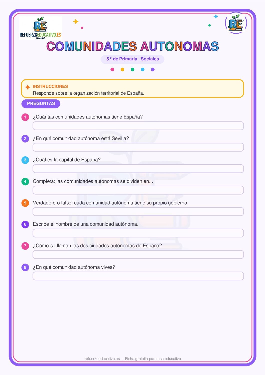 Las comunidades autónomas para 5º de Primaria (PDF) Ficha imprimible: Las comunidades autónomas para 5º de Primaria