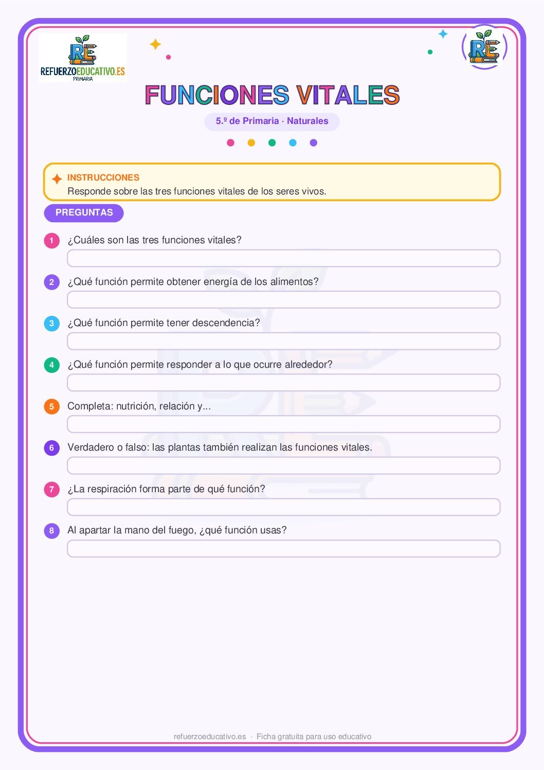 Ficha imprimible: Las funciones vitales para 5º de Primaria