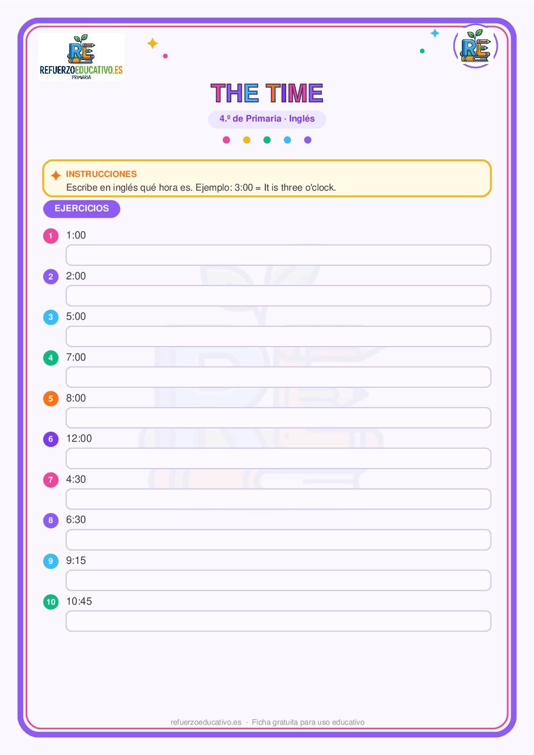 Ficha imprimible: Las horas en inglés para 4º de Primaria