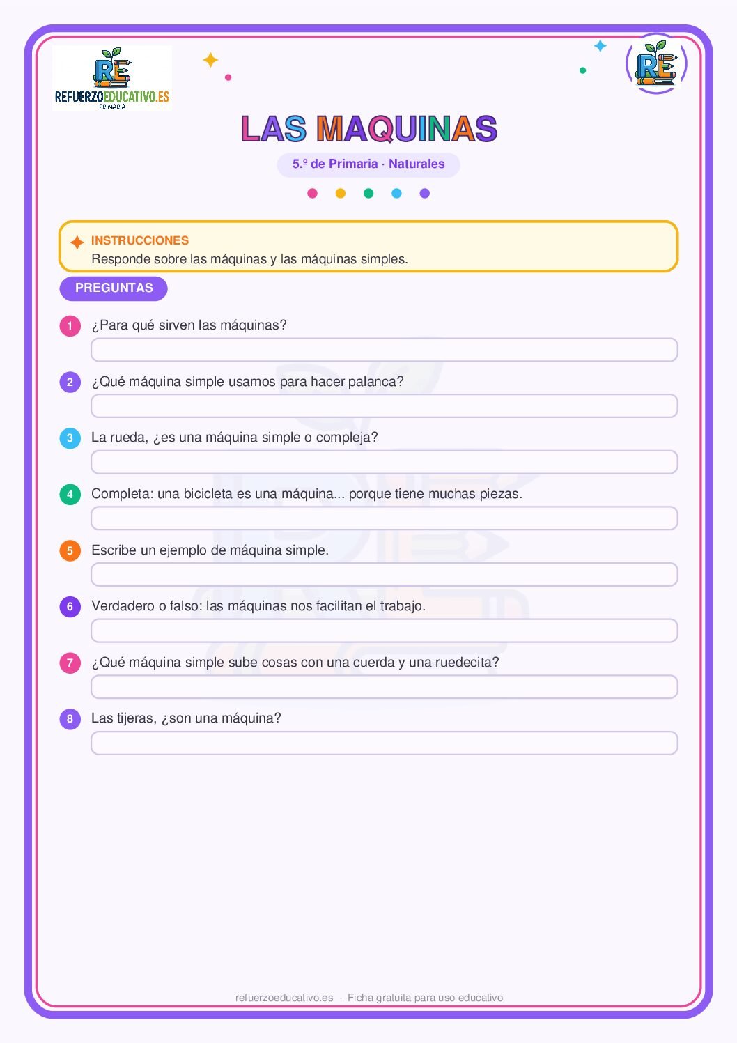 Las máquinas simples para 5º de Primaria (PDF) Ficha imprimible: Las máquinas simples para 5º de Primaria