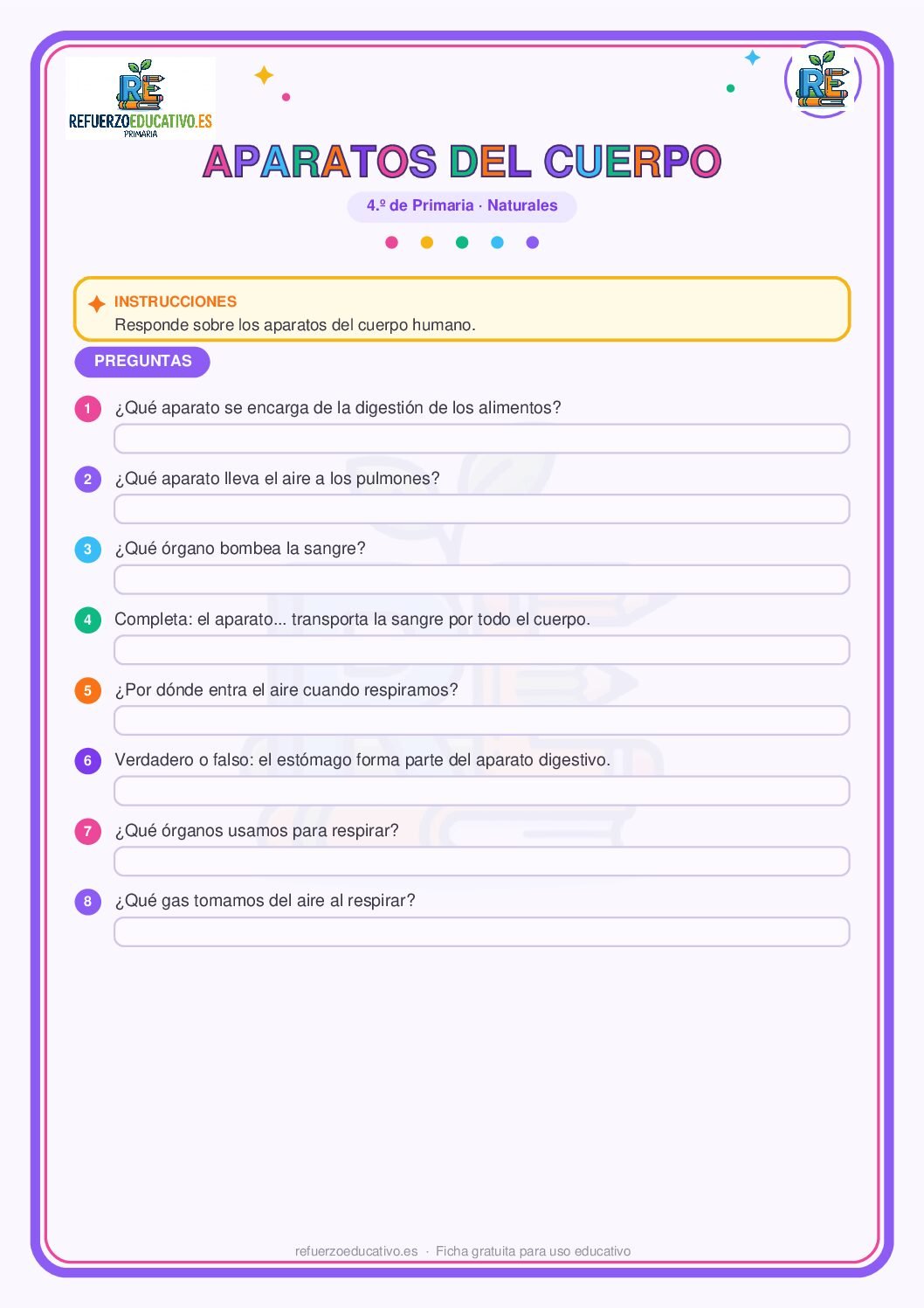 Ficha imprimible: Los aparatos del cuerpo humano para 4º de Primaria
