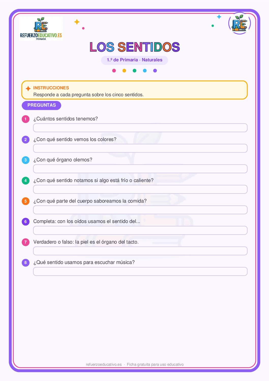 Los cinco sentidos para 1º de Primaria (PDF) Ficha imprimible: Los cinco sentidos para 1º de Primaria