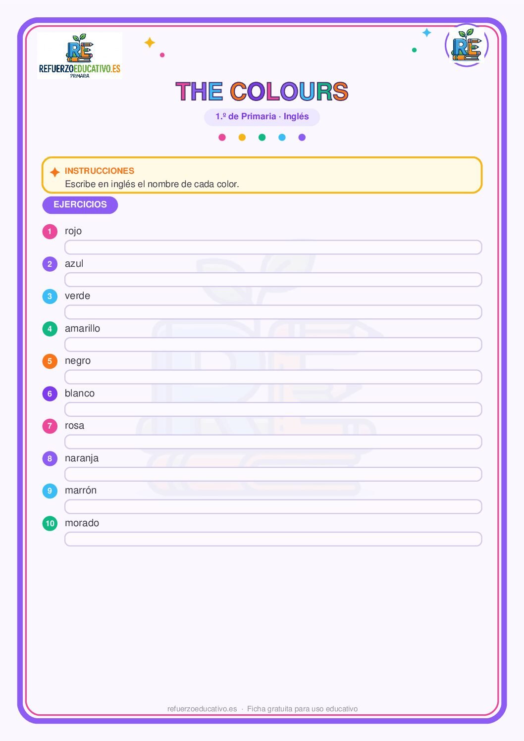 Los colores en inglés para 1º de Primaria (PDF) Ficha imprimible: Los colores en inglés para 1º de Primaria