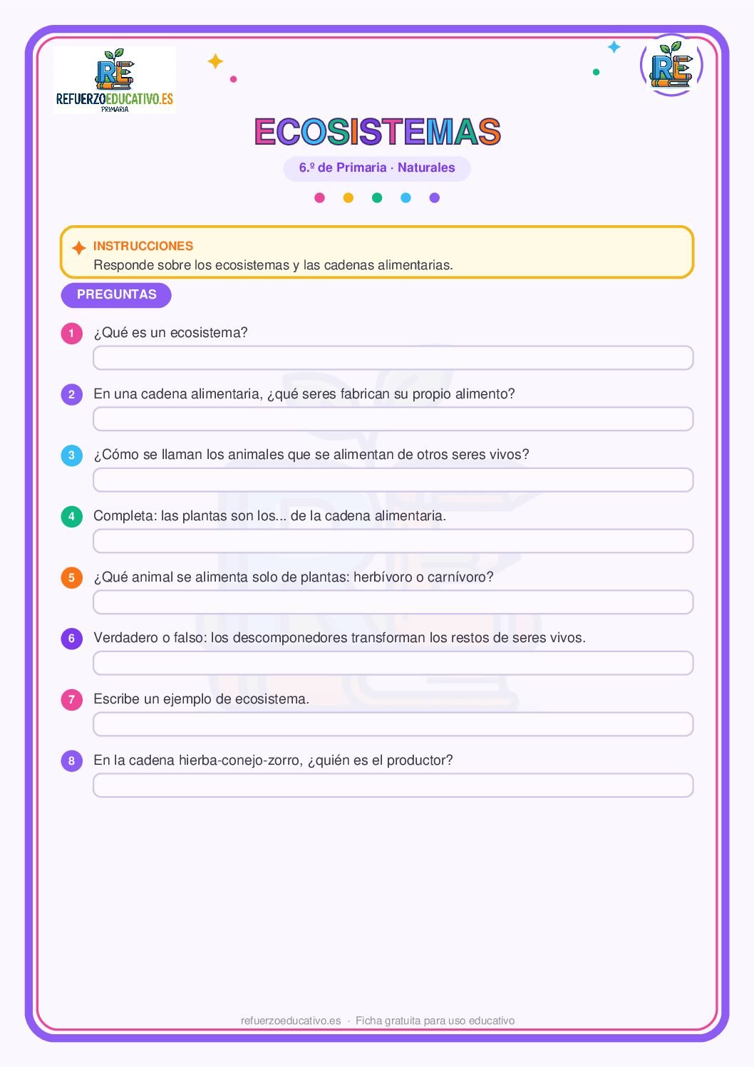Los ecosistemas y las cadenas alimentarias para 6º de Primaria (PDF) Ficha imprimible: Los ecosistemas y las cadenas alimentarias para 6º de Primaria
