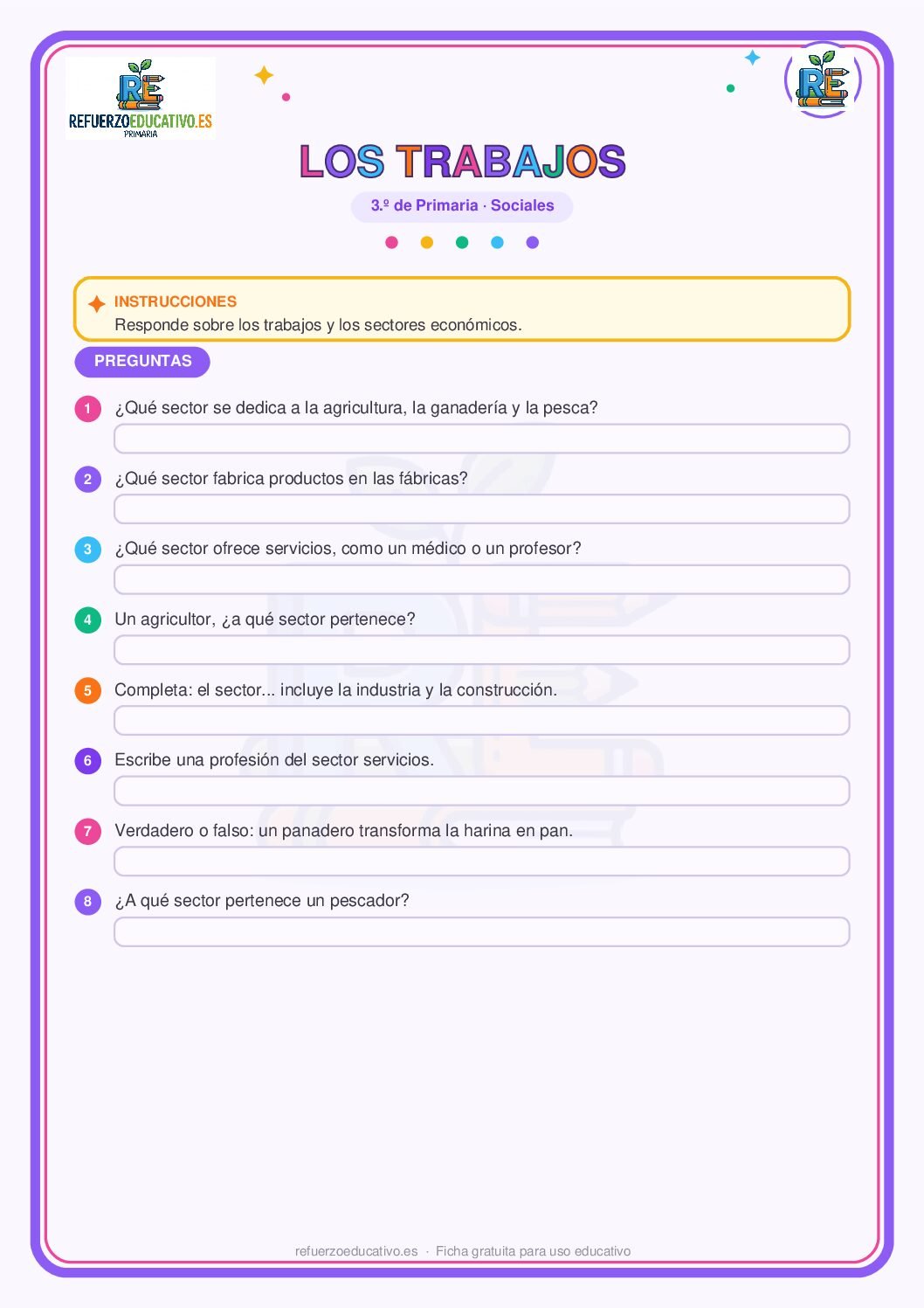 Ficha imprimible: Los trabajos y los sectores para 3º de Primaria
