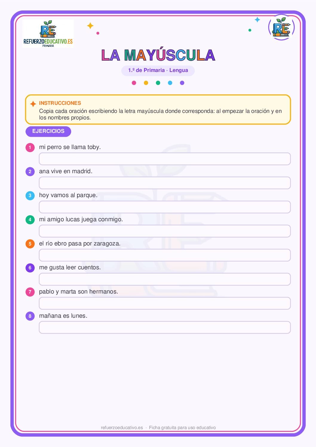 La mayúscula y los nombres propios para 1º de Primaria (PDF) Ficha imprimible: La mayúscula y los nombres propios para 1º de Primaria