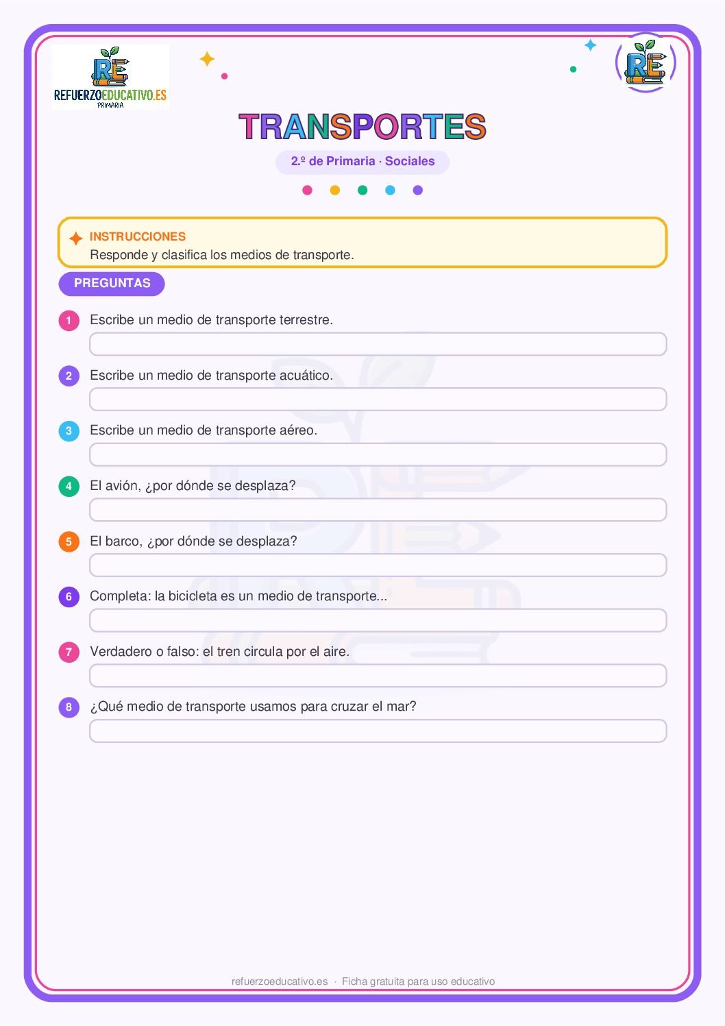 Los medios de transporte para 2º de Primaria (PDF) Ficha imprimible: Los medios de transporte para 2º de Primaria