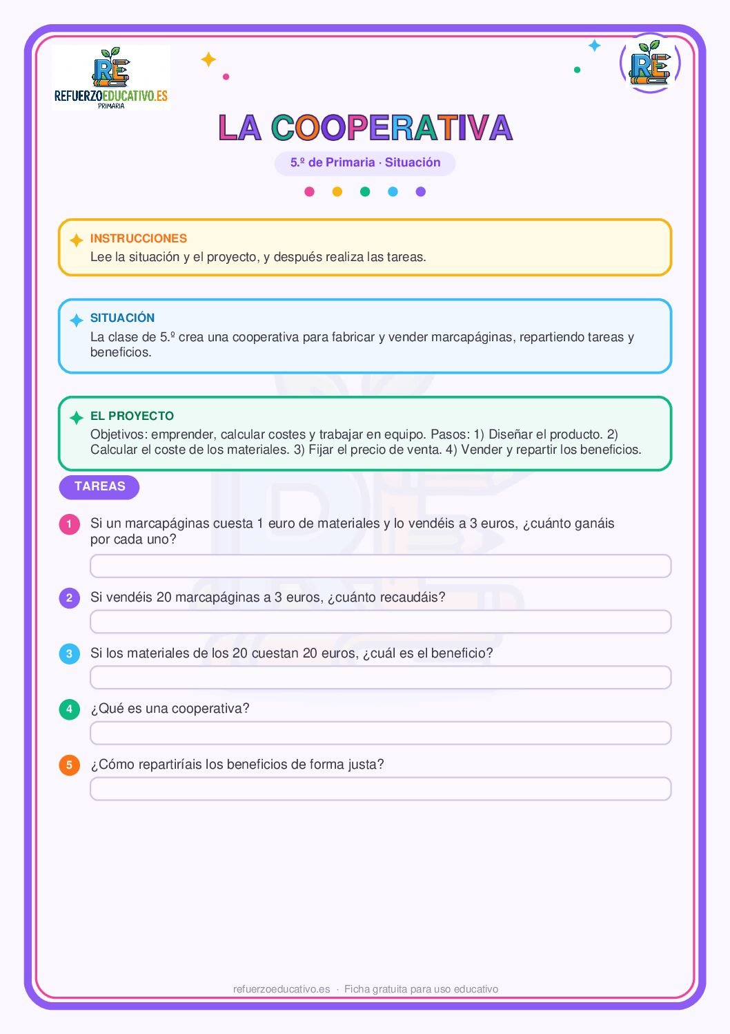 Situación de aprendizaje: La cooperativa para 5º de Primaria (PDF) Ficha imprimible: Situación de aprendizaje: La cooperativa para 5º de Primaria