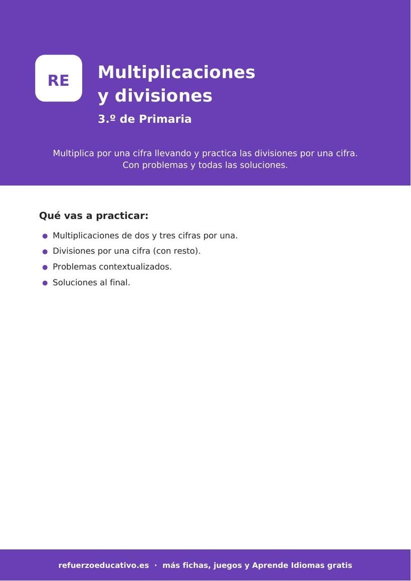 Multiplicaciones y divisiones para 3º de Primaria: fichas gratis en PDF multiplicaciones divisiones 3 primaria portada