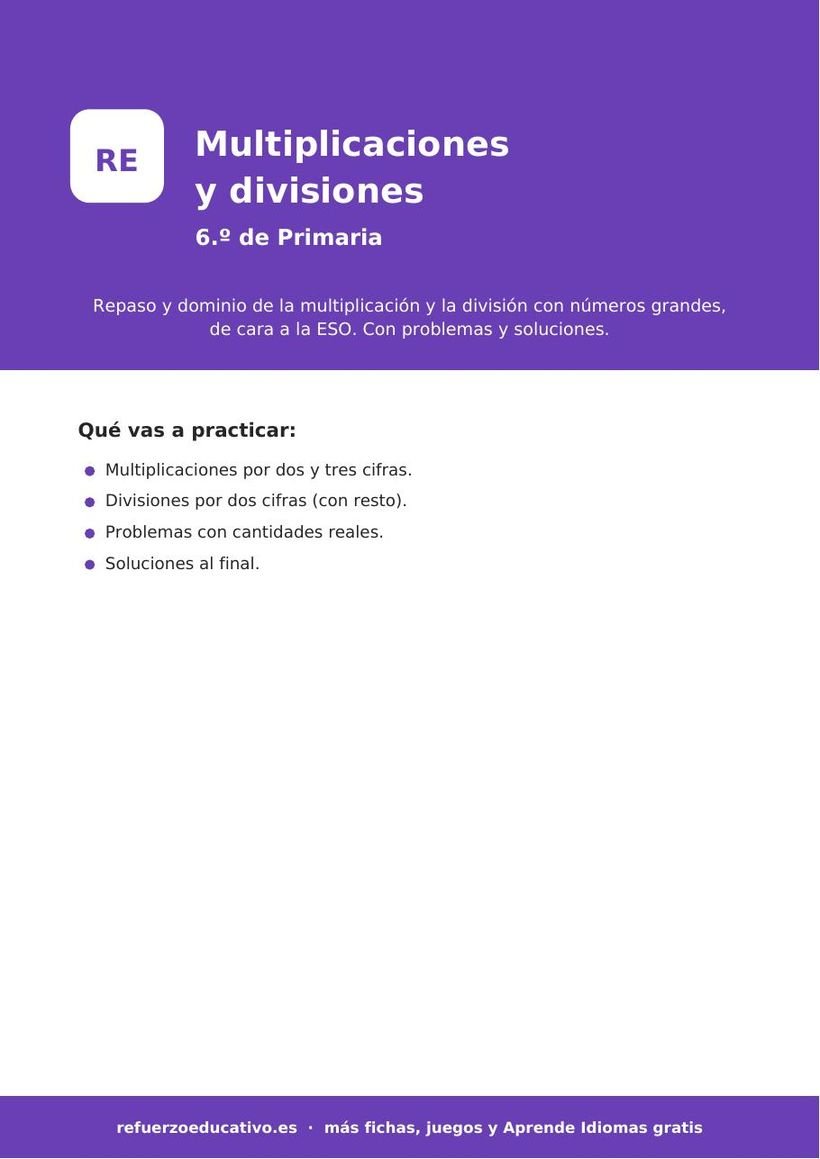 Multiplicaciones y divisiones para 6º de Primaria: fichas gratis en PDF multiplicaciones divisiones 6 primaria portada