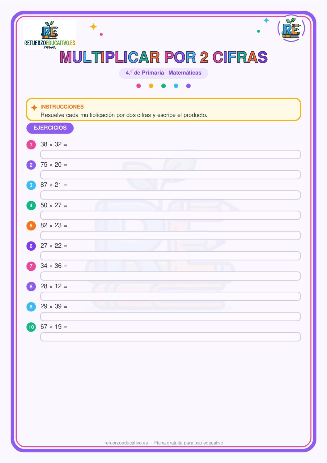 Multiplicaciones por dos cifras para 4º de Primaria (PDF) Ficha imprimible: Multiplicaciones por dos cifras para 4º de Primaria