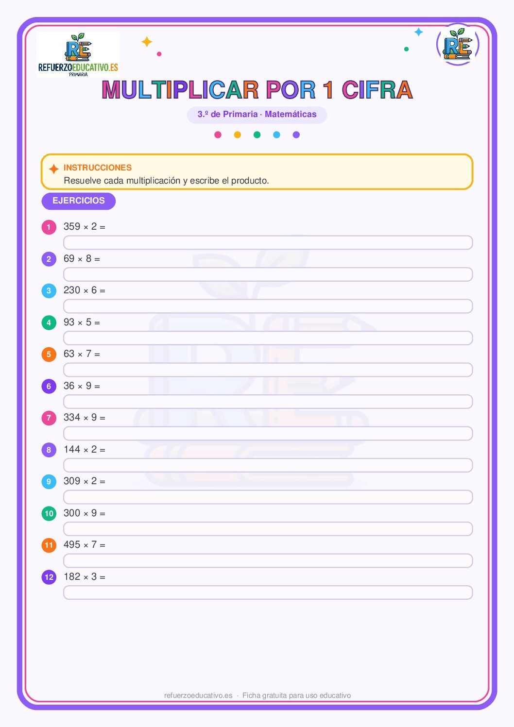 Ficha imprimible: Multiplicaciones por una cifra para 3º de Primaria