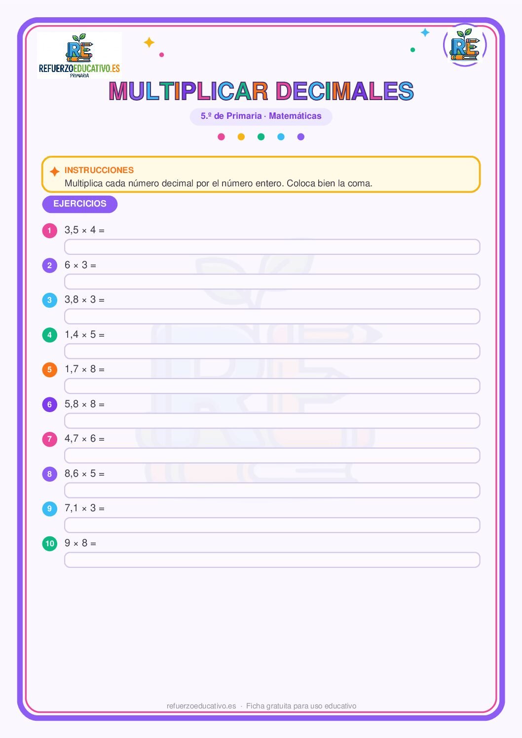 Multiplicar decimales para 5º de Primaria (PDF) Ficha imprimible: Multiplicar decimales para 5º de Primaria