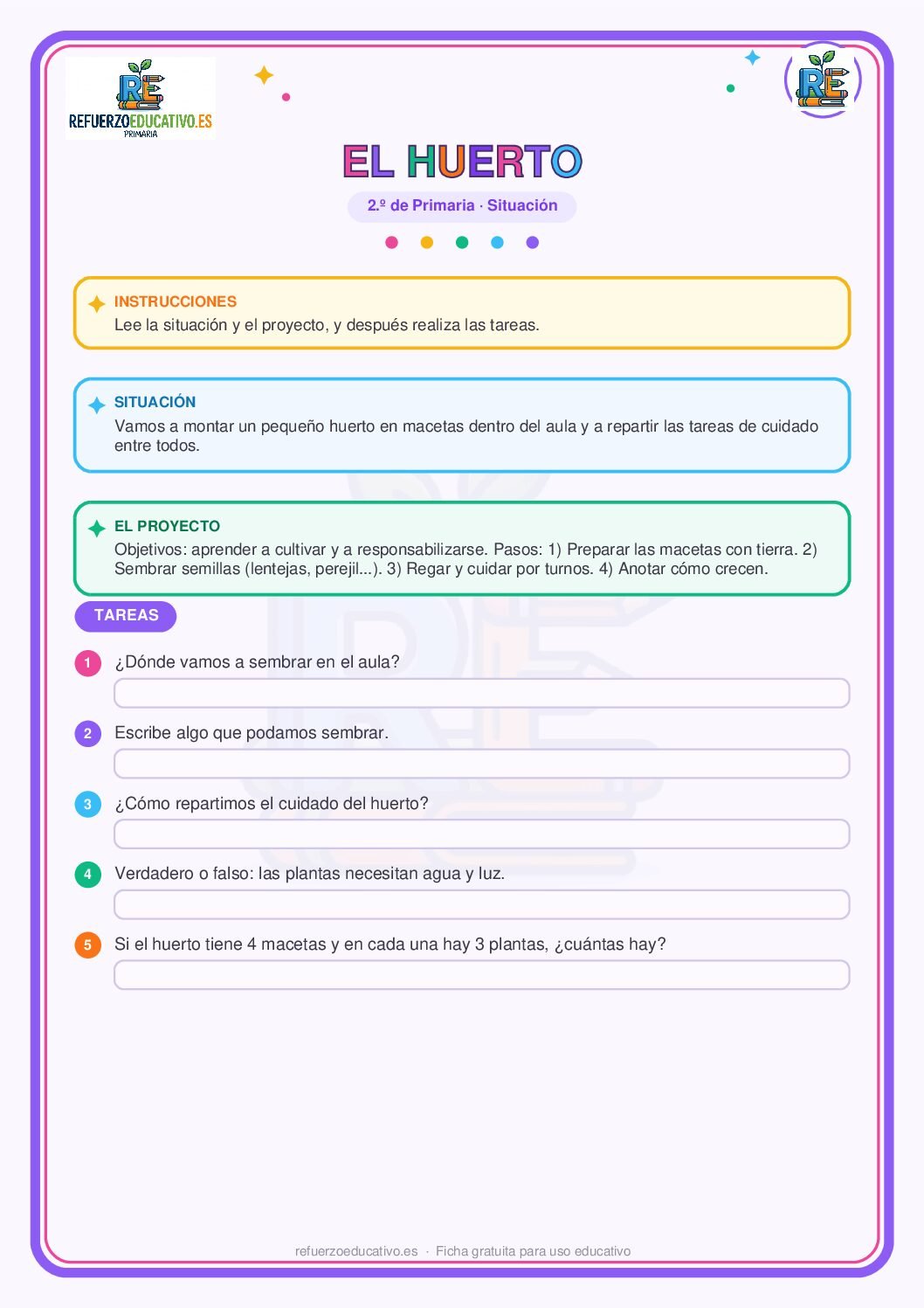 Situación de aprendizaje: El huerto para 2º de Primaria (PDF) Ficha imprimible: Situación de aprendizaje: El huerto para 2º de Primaria