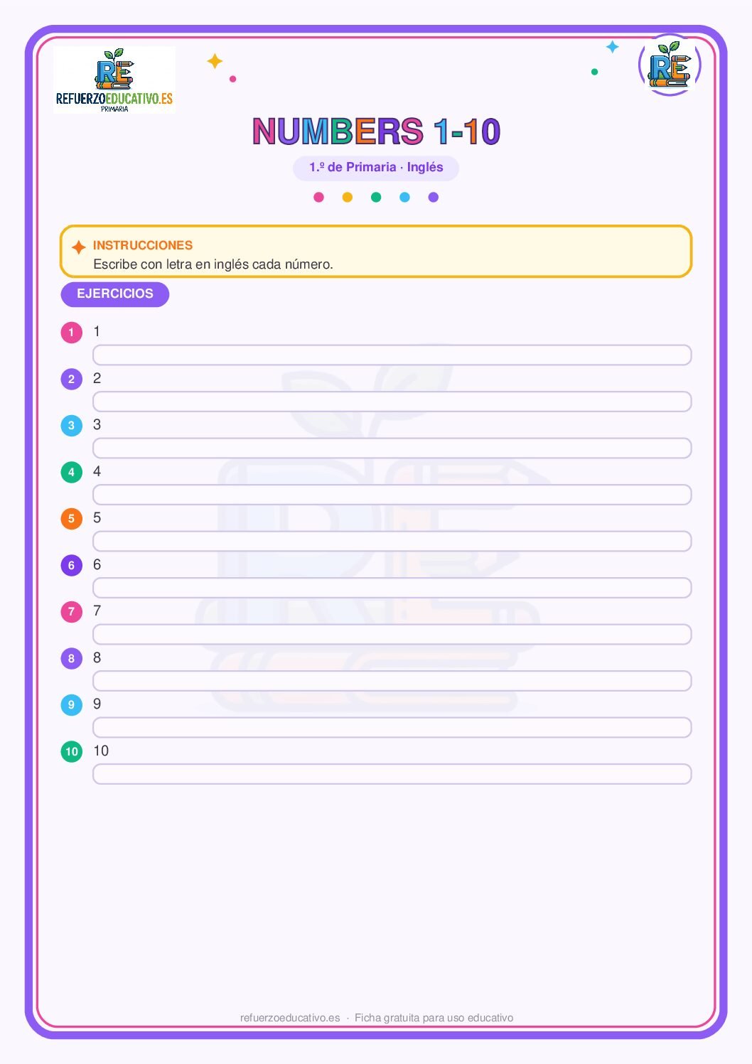 Los números del 1 al 10 en inglés para 1º de Primaria (PDF) Ficha imprimible: Los números del 1 al 10 en inglés para 1º de Primaria