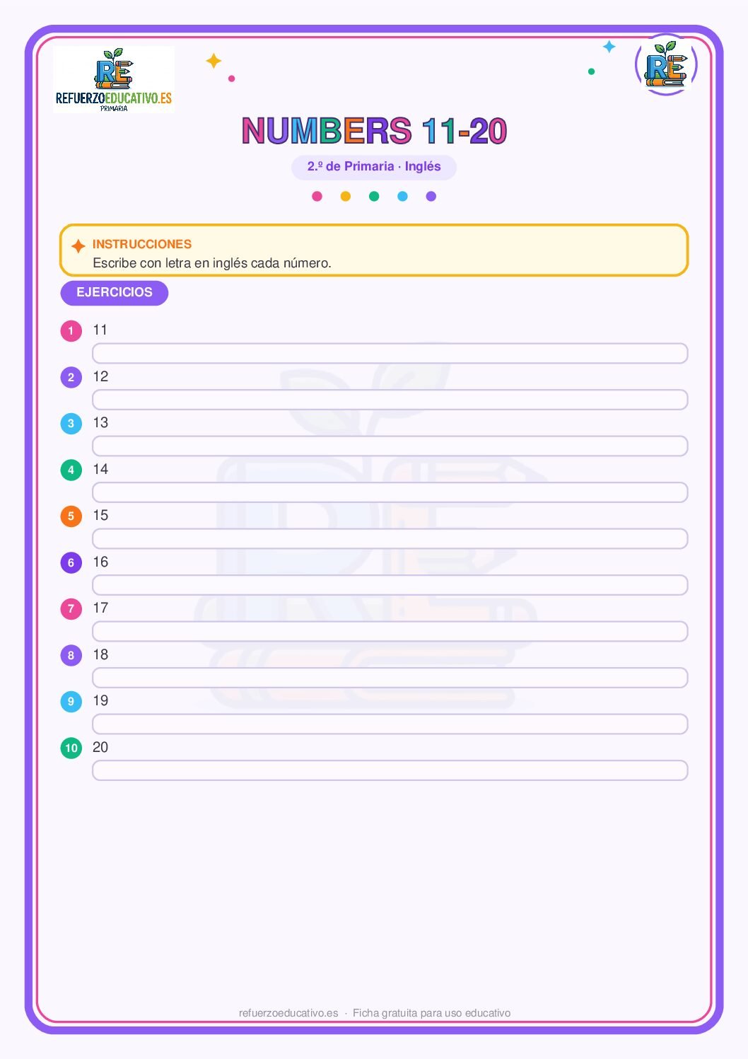 Ficha imprimible: Los números del 11 al 20 en inglés para 2º de Primaria
