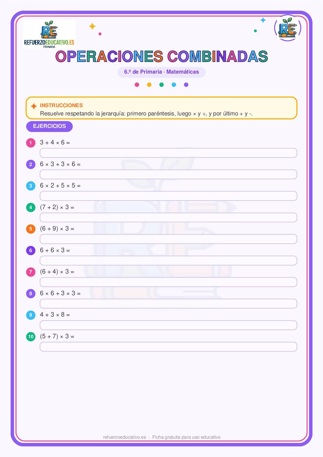 Operaciones combinadas para 6º de Primaria (PDF) Ficha imprimible: Operaciones combinadas para 6º de Primaria