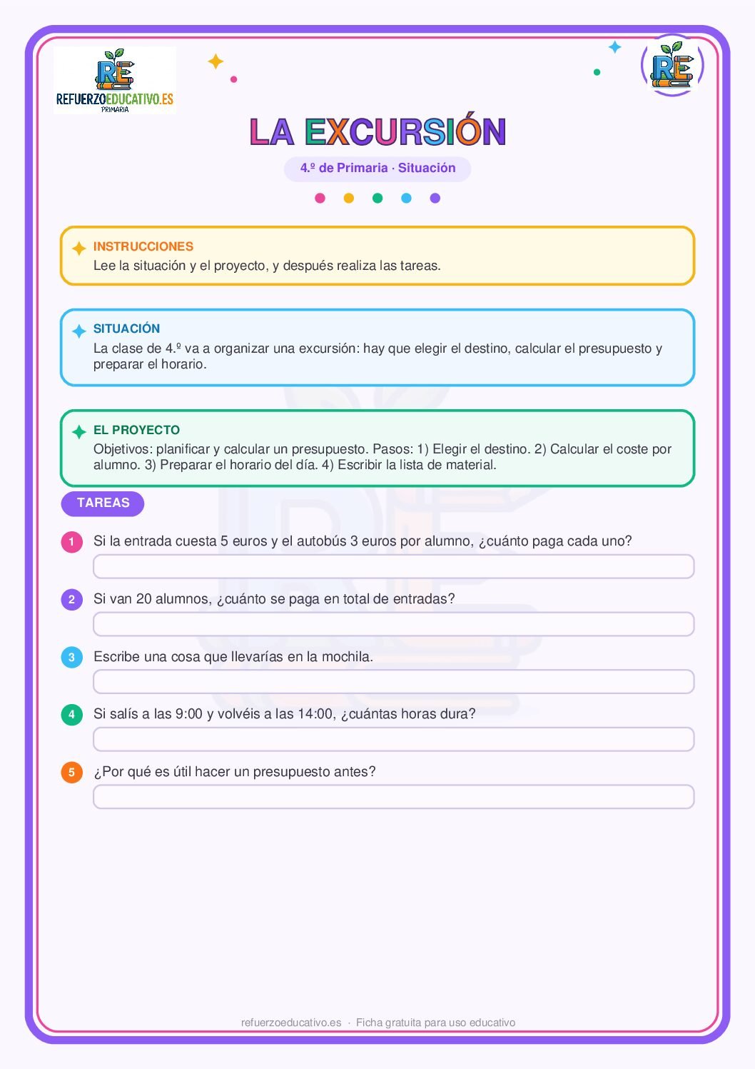 Situación de aprendizaje: La excursión para 4º de Primaria (PDF) Ficha imprimible: Situación de aprendizaje: La excursión para 4º de Primaria