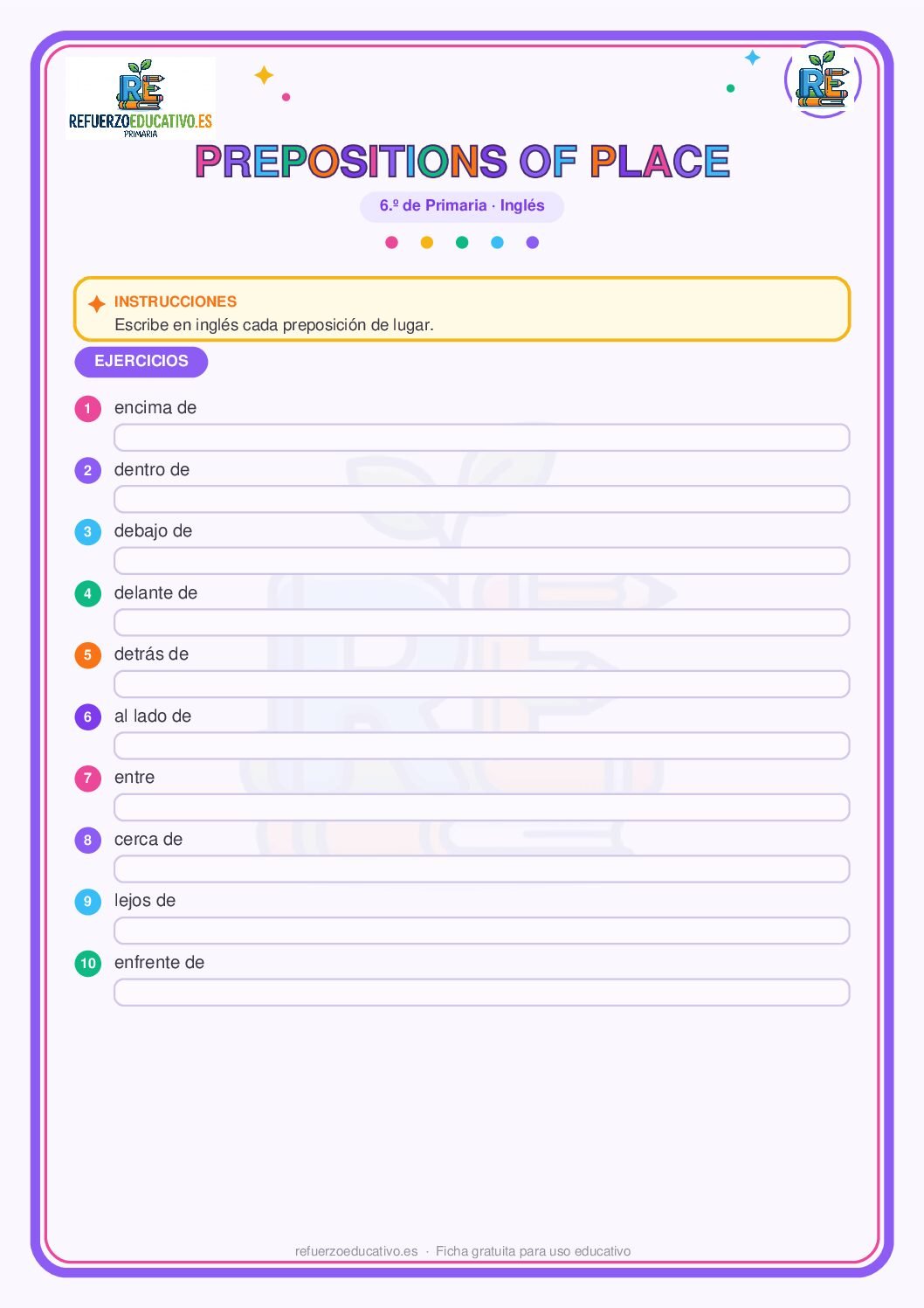 Ficha imprimible: Preposiciones de lugar en inglés para 6º de Primaria