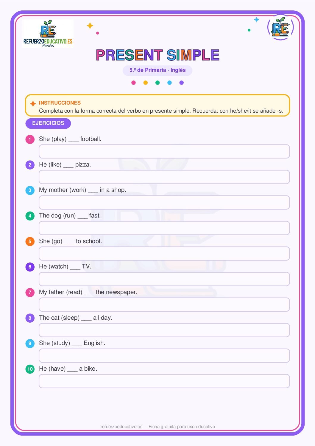 Ficha imprimible: El presente simple en inglés para 5º de Primaria