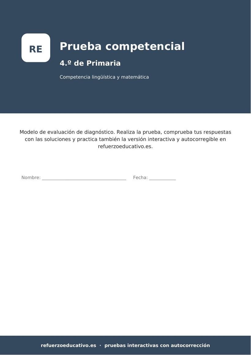 Prueba competencial de 4.º de Primaria: interactiva y autocorregible (con PDF) prueba competencial 4 primaria portada