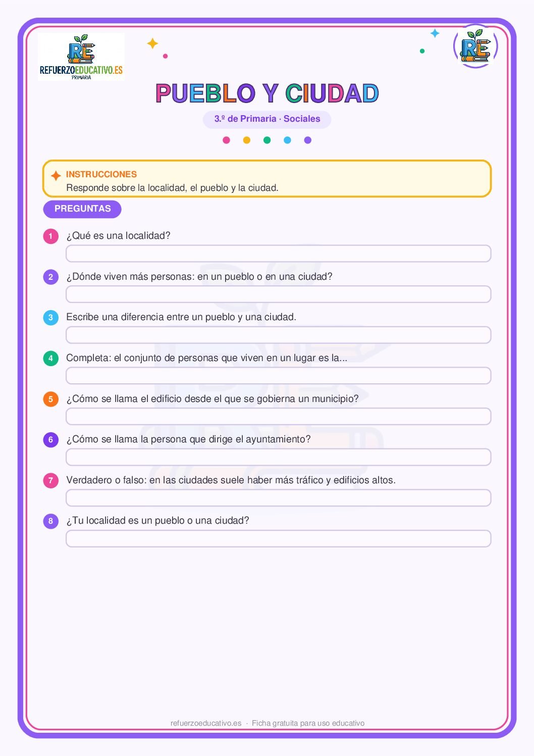 La localidad: pueblo y ciudad para 3º de Primaria (PDF) Ficha imprimible: La localidad: pueblo y ciudad para 3º de Primaria
