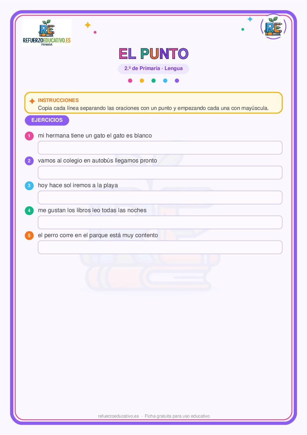 El punto y la mayúscula para 2º de Primaria (PDF) Ficha imprimible: El punto y la mayúscula para 2º de Primaria