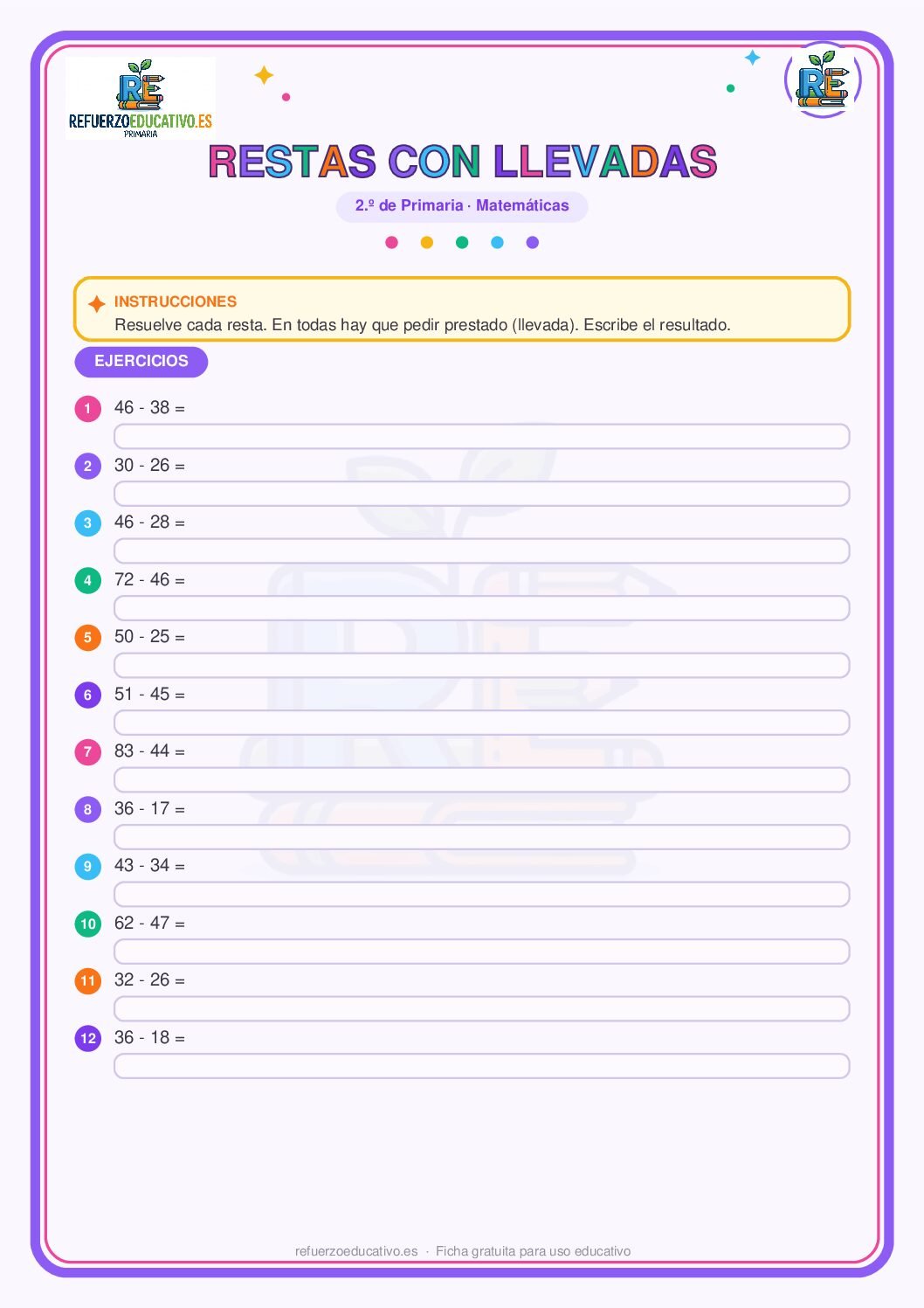Restas con llevadas para 2º de Primaria (PDF) Ficha imprimible: Restas con llevadas para 2º de Primaria