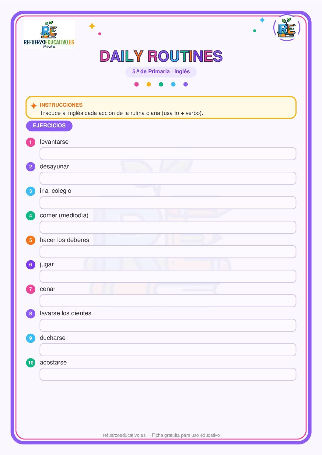Ficha imprimible: Las rutinas diarias en inglés para 5º de Primaria