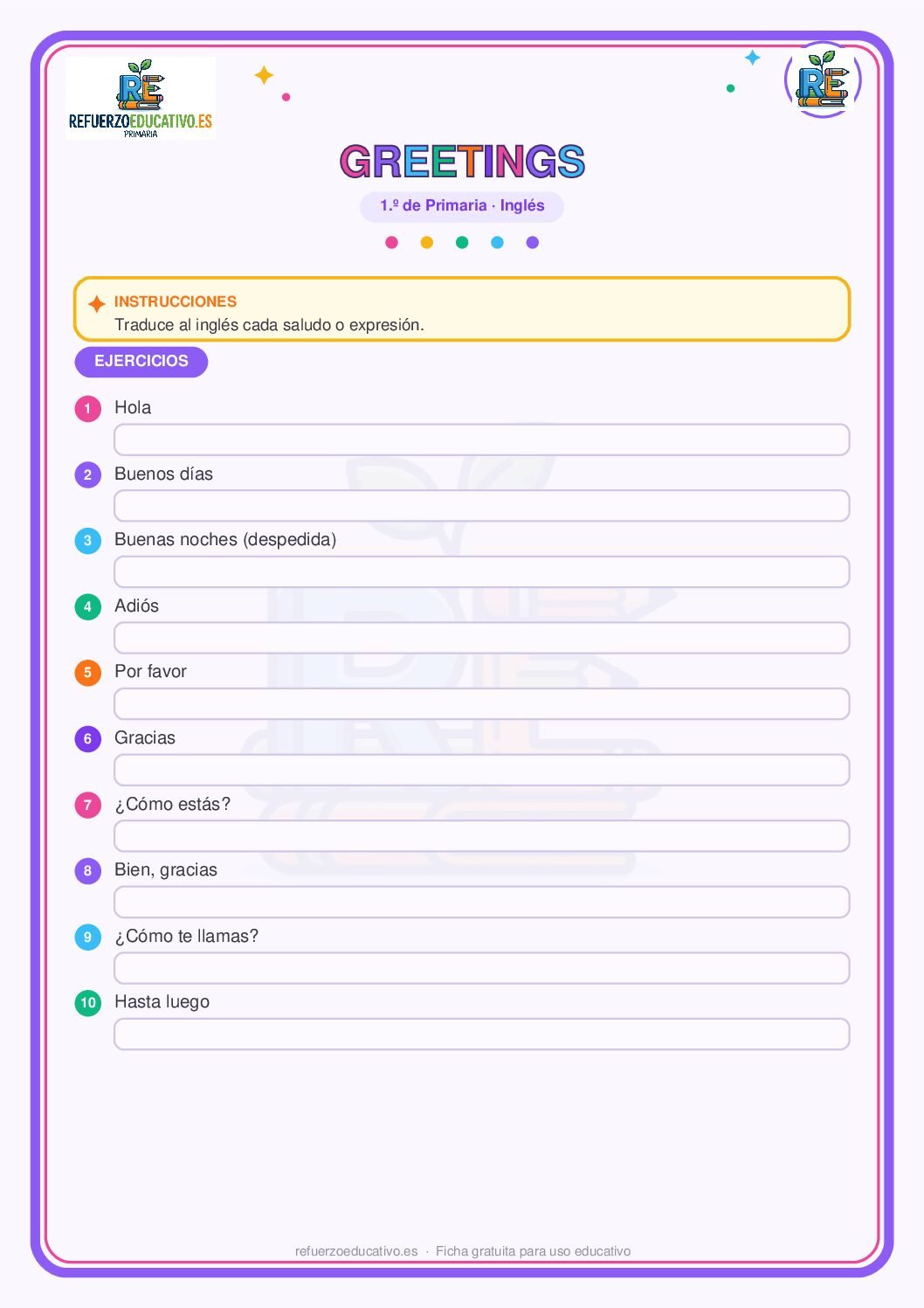 Ficha imprimible: Saludos y expresiones básicas en inglés para 1º de Primaria