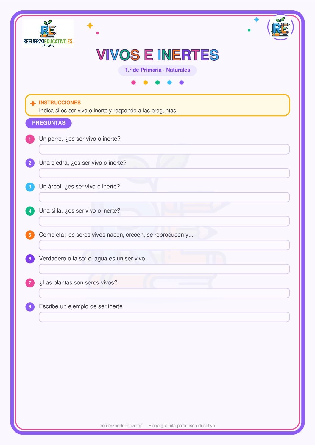 Los seres vivos y los seres inertes para 1º de Primaria (PDF) Ficha imprimible: Los seres vivos y los seres inertes para 1º de Primaria
