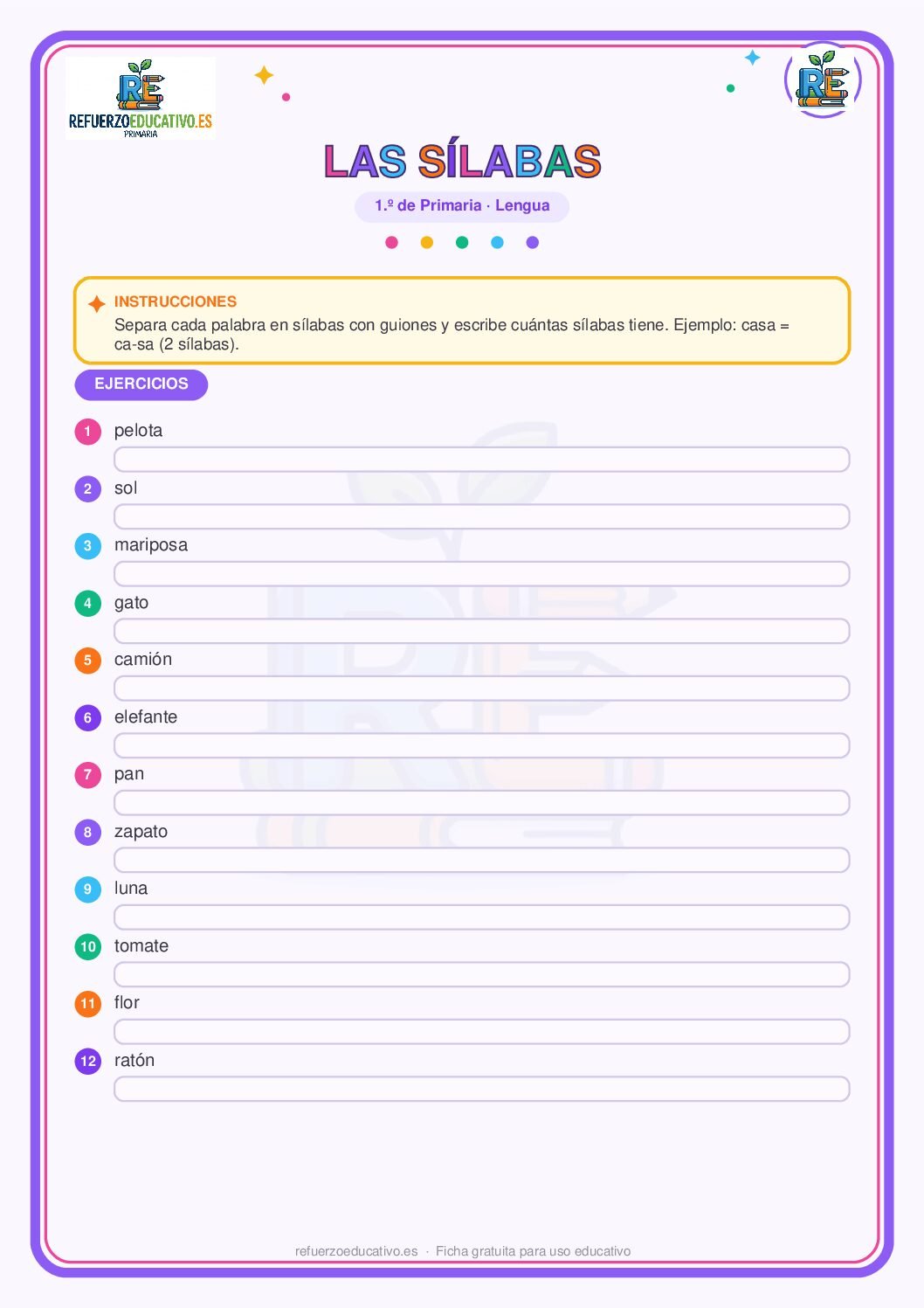 Separar palabras en sílabas para 1º de Primaria (PDF) Ficha imprimible: Separar palabras en sílabas para 1º de Primaria