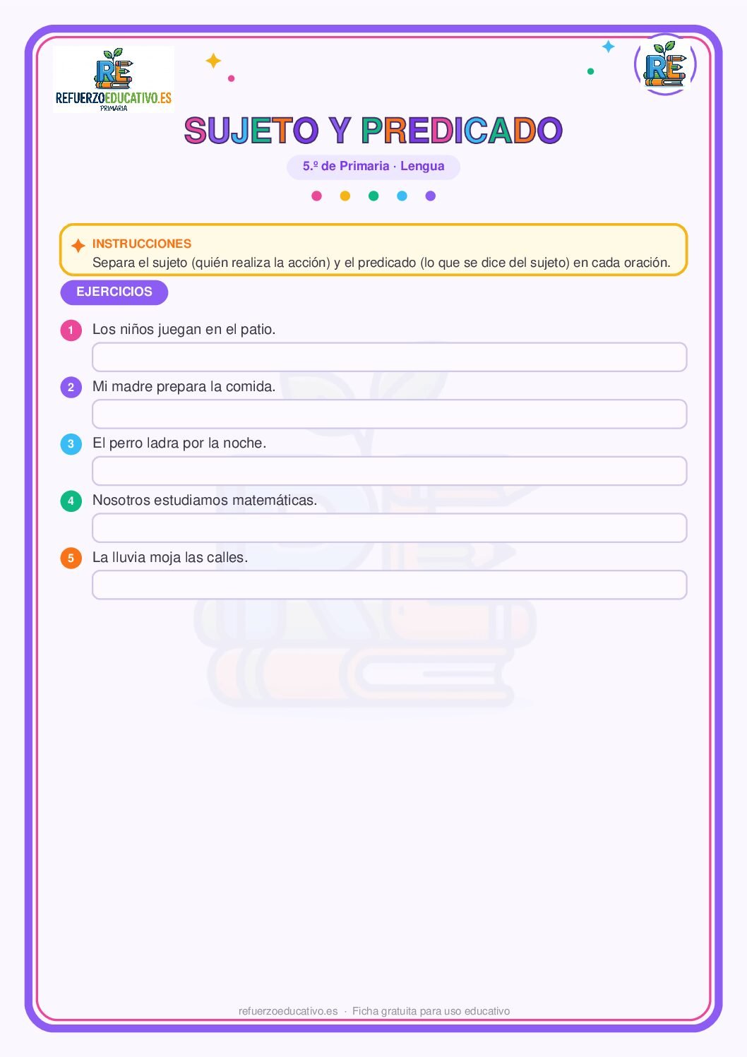 Sujeto y predicado para 5º de Primaria (PDF) Ficha imprimible: Sujeto y predicado para 5º de Primaria