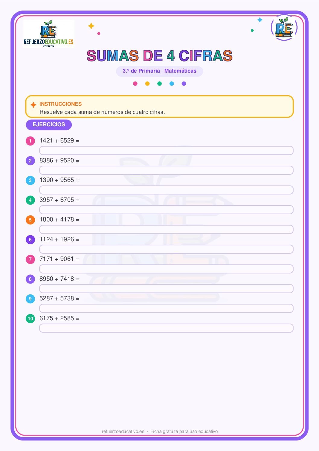 Ficha imprimible: Sumas de cuatro cifras para 3º de Primaria